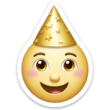 Happy face emoji: A round face, big warm smile, sparkling moon eyes. Eyebrows arched to express good humor, little gold stars near the eyes for a magical touch. Colored party hat slightly askew, rosy cheeks for a cute effect. WHITE FACE sticker