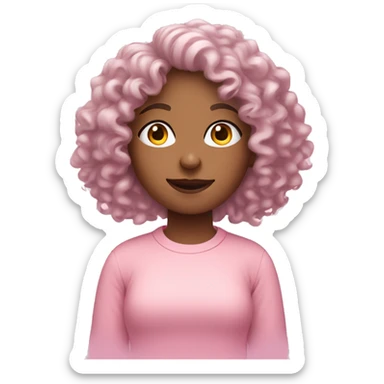 Curly haired girl dressed in pastel pink conducting a Podcast sticker