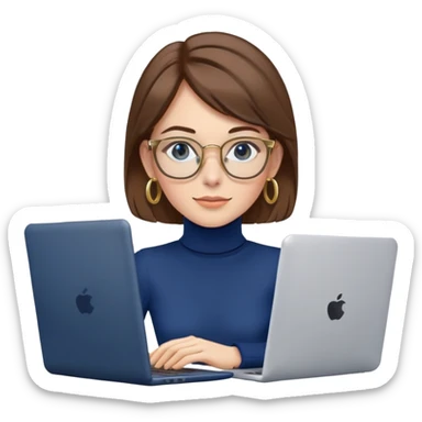 Female programmer with brown hair, navy blue turtleneck, gold hoop earrings, blue computer glasses, using laptop sticker
