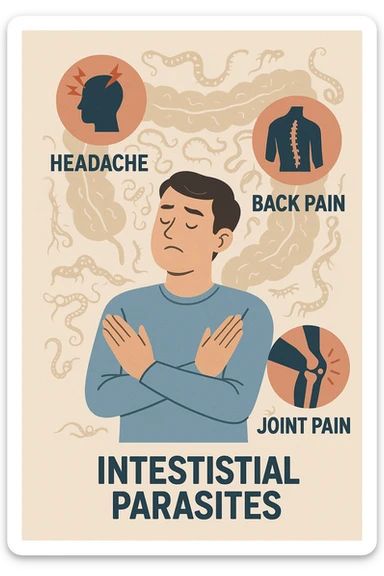 uomo che ignora i suoi un mal di testa, mal di schiena e dolore articolare e ignora ogni segnale e messaggio che il corpo manda per avvertirlo, ma alla fine dipendono tutto dai parassiti intestinali  sticker