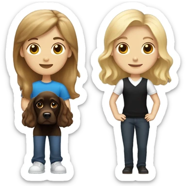 brown hair women and blond hair boy both holding a black cocker spaniel sticker