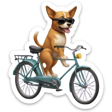 a dog with sunglasses riding a bike with a cat sticker