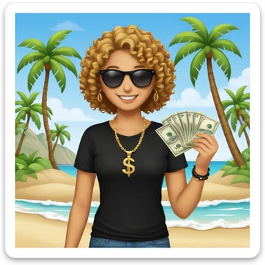 Smiling person with curly hair wearing black t-shirt and necklace, sunglasses, showing dollar bills, beach with palm trees sticker