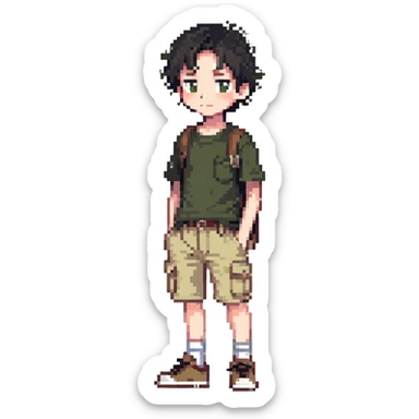 boy wearing an olive-green shirt over a brown T-shirt with beige cargo shorts sticker