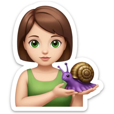 A big girl with short brown hair and purple eyes wearing a green dress holding a snail sticker