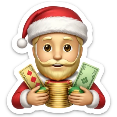 A confident rich emoji face wearing a Santa hat, money stacks, casino vibe, New Year theme, premium 3D emoji style, sharp details, no text, isolated on transparent background sticker