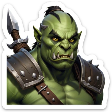 Cinematic Realistic WoW Orc Warrior Portrait, head tilted epicly and inquisitively, showcasing a commanding presence and raw, unyielding power. His battle-hardened green skin and muscular form, accented by meticulously crafted tribal armor in deep earthy hues, are rendered with lifelike clarity and dynamic lighting, high shine, epic and awe-inspiring, embodying the relentless spirit of an orc warrior ready for battle. sticker