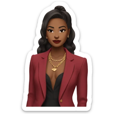 	•	Outfit: Deep red suit, gold necklace, pink clutch.
	•	Hair: Black, half-up with red bow, voluminous.
	•	Skin: Warm tan, smooth.
	•	Features: Defined brows, almond eyes, sharp jawline.
	•	Makeup: Winged liner, nude lips, soft blush. sticker