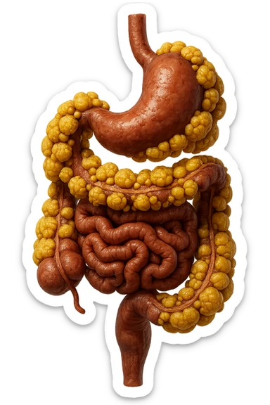STOMACO E INTESTINO SONO VERTICALMENTE COLLEGATI E INTORNO A QUESTI ORGANI CI SONO CELLULE DI GRASSO GIALLE ATTACCATE SOPRA A GRAPPOLI, IPERREALISTICO 4K sticker