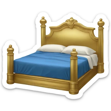 eighties bed with blue sheets and gold brass frame sticker