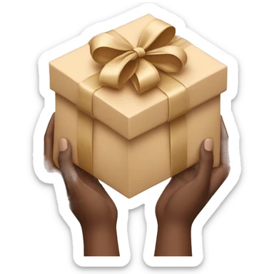 hands and in hands a beige gift box with a bow sticker