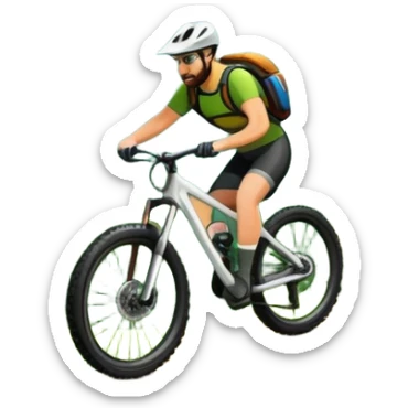 An icon showing a mountain bike with thick tires on a forest trail, surrounded by trees and natural terrain. The background features a lush green forest with sunlight filtering through the branches, and a winding path ahead. Transparent background highlights the  adventure of mountain biking. sticker