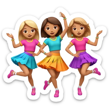 Three 3D cartoon dancers in colorful skirts kicking in rhythm, cheerful pose, bright studio background, Memoji-style. sticker