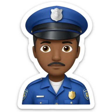A police officer with dark skin tone, wearing a dark blue police cap with a silver badge in the center, short black hair mostly covered by the cap, large brown eyes, a small black mustache, and a neutral expression. sticker