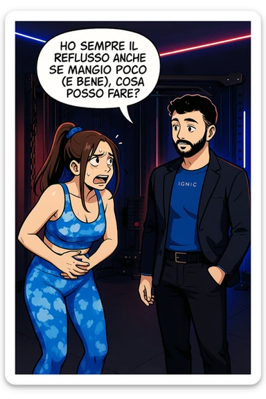 TRASFORMA QUESTO CAROSELLO IN UN FUMETTO STILE WEBTOON/MANGA A COLORI CON QUESTE DUE PERSONE IDENTICHE CHE INTERLOQUISCONO TRA LORO, LA DONNA è DISPERATA CON LE MANI sulla pania perché soffre di reflusso E STA DOMANDANDO TUTTA AGITATA UNA COSA ALL'UOMO:

LEI (DONNA): Ho sempre il reflusso anche se mangio poco (e bene), cosa posso fare?
 sticker