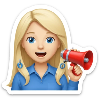blue eyes blonde girl yelling into megaphone saying timeout long hair smiling sticker