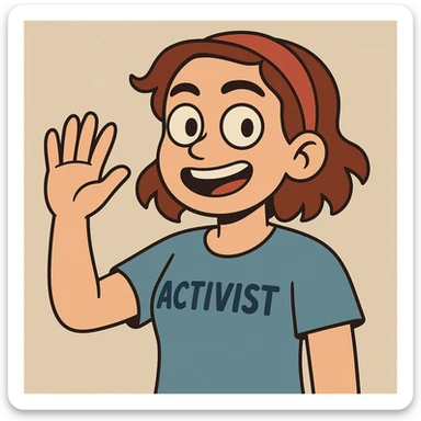 3D face of an activist girl waving her hand in a blue T-shirt sticker