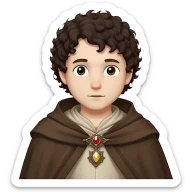 medieval spring outfit worn by a DnD themed fantasy male character. thin wool tunic with a light cloak draped over one shoulder, secured by a wooden brooch. clothes only above the waist. The clothes full waist. The character's haven't arms. character is white-skinned, dark brown hair, hazel eyes, short curly hair. sticker