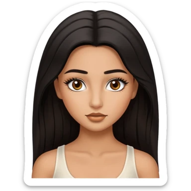 A girl, who has long black styled silk hair, tan skin. almond brown eyes that has black long lashes, small nose and full lips. and a bit of makeup like bronzer. and wearing a white tight top. long black lashes and medium arched brows. looks like a baddie. sticker