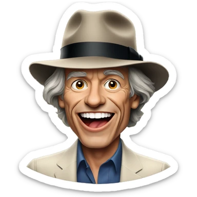 Round but thin face, cigarette in the corner of Mick Jagger's mouth with a malicious smile. Panama hat, neckerchief and rich guy look. sticker