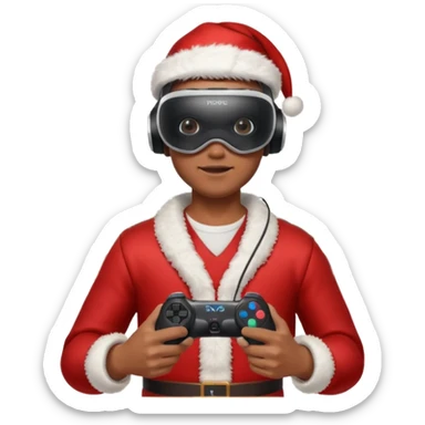 Homme photographe noir, week-end détente, équipé d’un appareil photo pro. Dans un décor Noël chaleureux, Père Noël à côté, sapin illuminé, lumières douces. L’homme porte un casque VR autour du cou ou sur la tête, et une manette PS 2025 dans la main libre. Ambiance festive, réaliste, couleurs nettes sticker