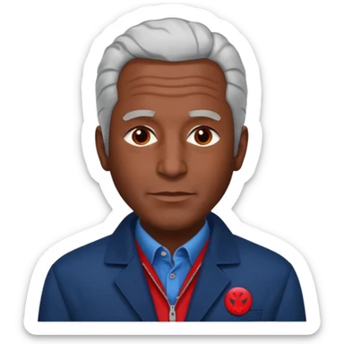 Jeffery Epstein with dark blue jacket and red logo  sticker