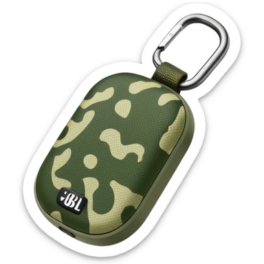 Super simplified JBL Clip 4 speaker, abstract oval shape with tiny carabiner and minimal green camo dots, iOS emoji style sticker