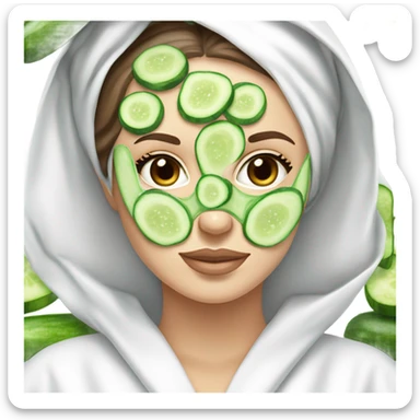 White girl with Brown hair and blue eyes wears a Green colored skincare clay textured mask and puts on cucumbers around her eyes while She relaxes in her white Robe sticker