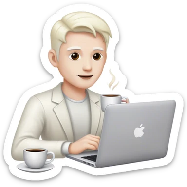 a man with white skin with a laptop and a cup of coffee sticker