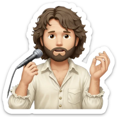solarpunk realistic ultra HD - pensive, messy, shaggy, bearded Jim Morrison in an ivory Victorian shirt, in an ecstatic dramatic pose, singing on stage sticker