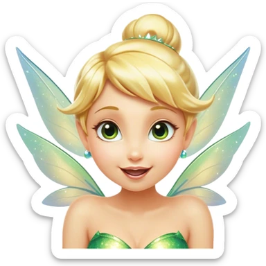 Cinematic Realistic Blonde Tinker Bell Fairy Portrait, head tilted dramatically with an exaggeratedly amused expression, featuring a striking, lively pixie form with radiant golden blonde hair and luminous, iridescent wings dusted with playful sparkles. Her expressive eyes brim with cheeky mischief, rendered with vibrant, lifelike textures and dynamic natural lighting that imbues the scene with an air of magical whimsy and over‐the‐top fairy fun. sticker