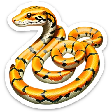 Tiger python coiled up on the ground, blending with the dense jungle foliage. Its distinct orange and black stripes stand out against the vibrant green of leaves and plants. Sunlight filters through the trees, highlighting the snake's patterned scales. Transparent background. sticker