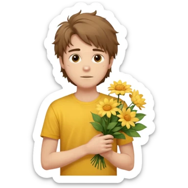 generate an ios genmoji of a 20 year old fair boy with brown long and messy hair with light beard on cheeks. carrying a flower bouquet, wearing a yellow tshirt, looking shy.  sticker