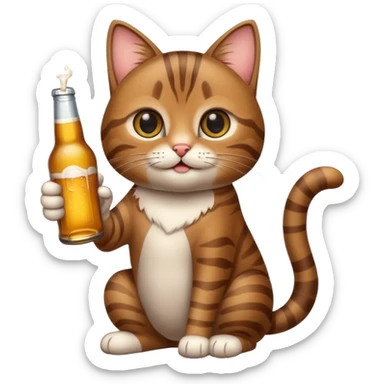 a cute cat holding a beer bottle sticker
