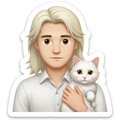 A young handsome Caucasian man in a white shirt holds a long-haired white cat sticker