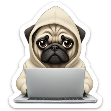 Pug wearing a hoodie and using a laptop sticker