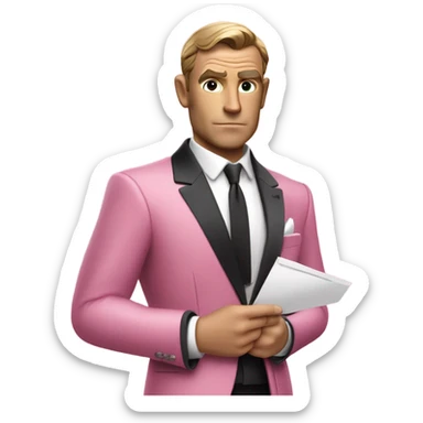 james bond in pink clothes with a an envelope in hand instead of the gun sticker