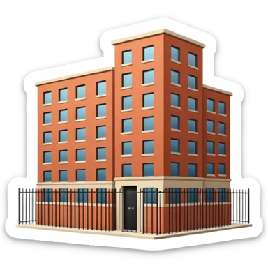 9-story apartment building surrounded by fence, closed courtyard, minimal flat vector icon sticker