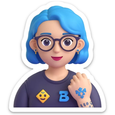 person with blue hair, glasses, and a visible tattoo, 3D emoji style sticker