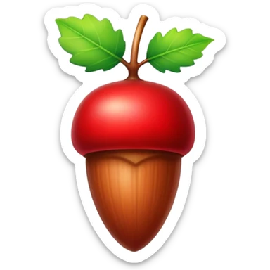 A vibrant red acorn with a glossy finish, featuring a small green leaf attached to the stem, set against a simple background to highlight its bold color and natural charm. sticker