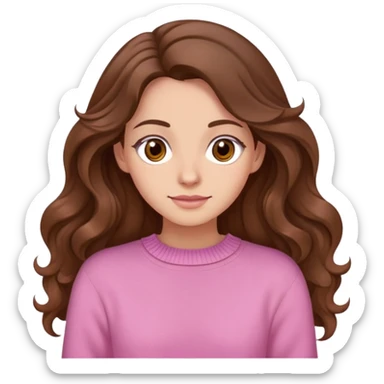 woman with long wavy brown hair, brown eyes, pink jumper sticker