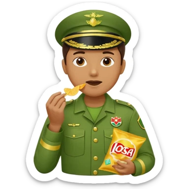 supermarket collegue wearing a green uniform and eating a packet of crisps no hat sticker
