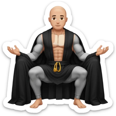 fullbody jacked bald guy, sleeveless and unbuttoned in black robe sitting sticker