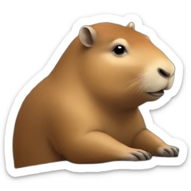 capybara is sitting at a table, typing in front of a computer sticker