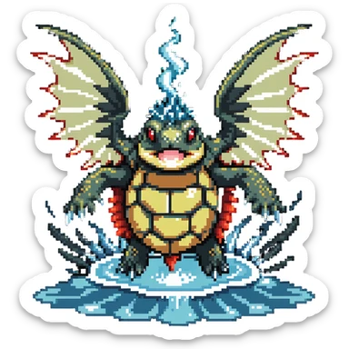 Spiky-shelled turtle with dragon wings, sharp fangs, and dangerous claws, firing a jet of water and steam from its mouth sticker