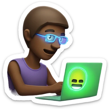 A person looking at a computer with neon-like fluorescent light shining on their face. sticker