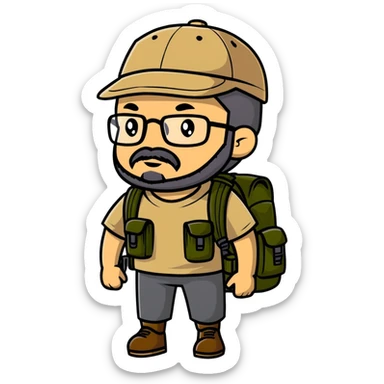 adventurer with goatee beard (no beard on cheeks), short hair, glasses, backwards military tan cap and backpack sticker