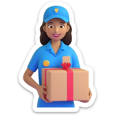 mujer de piel morena entregando un paquete, sonriente, uniforme de repartidora sticker