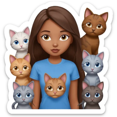 a pretty bratz dusky girl with long brown hair, blue eyes with six cats nd wearing a grey tshirt sticker