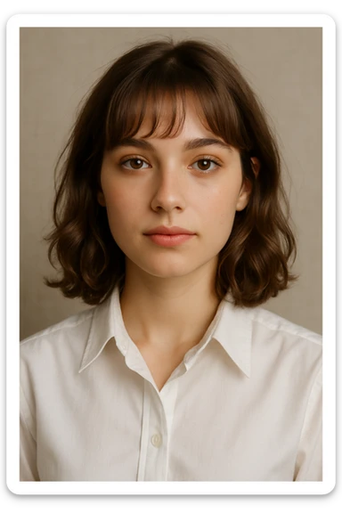 portrait of a 22-year-old woman with brown eyes, light brown shoulder-length hair with soft curls and bangs, light makeup, wearing a white dress shirt sticker